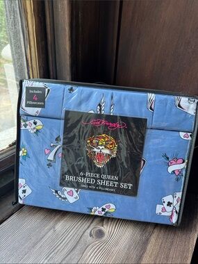Ed Hardy Blue Tattoo-Print Brushed Sheet Set
